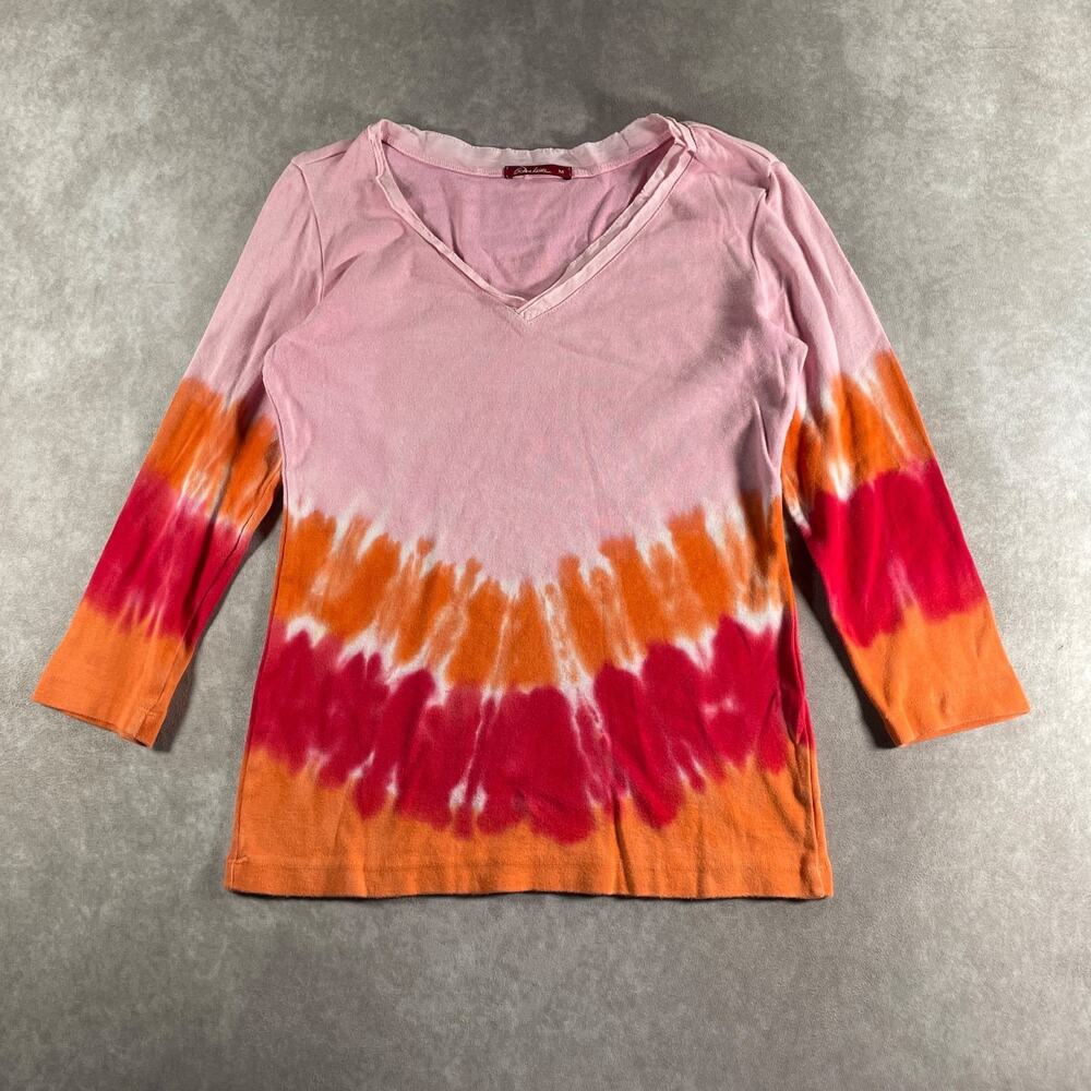 Y2K Boden Ladies Tie-Dye 3/4 Sleeve V-Neck Top Pink Orange Red Women's Medium